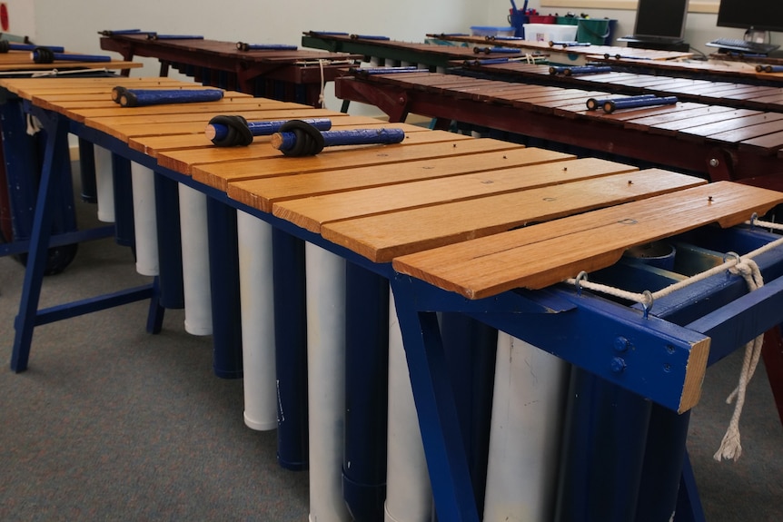 A large wooden xylophone-like instrument with wooden slats above blue and white pipes. Several more in the background.