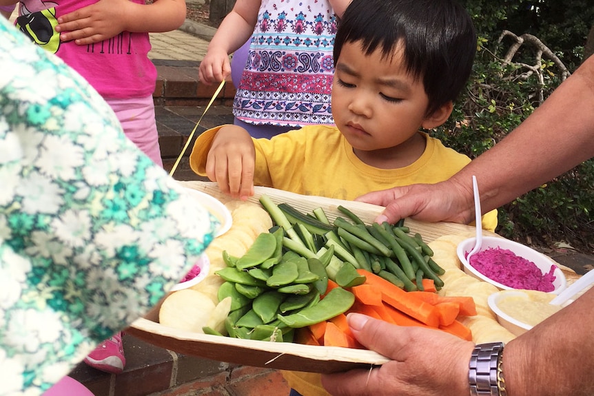 A young child selects food from a tray of cut vegetables and dips.