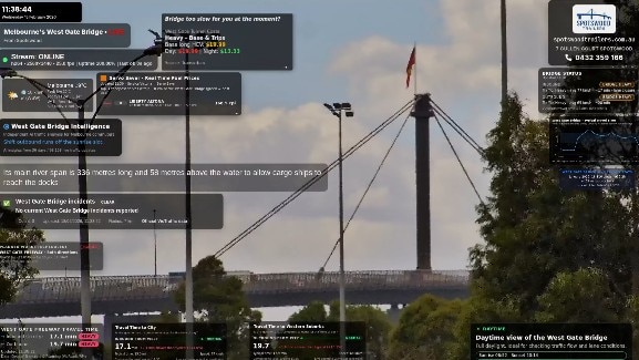 Screenshot of webcam showing West Gate bridge from 1km away, flag flying on bridge