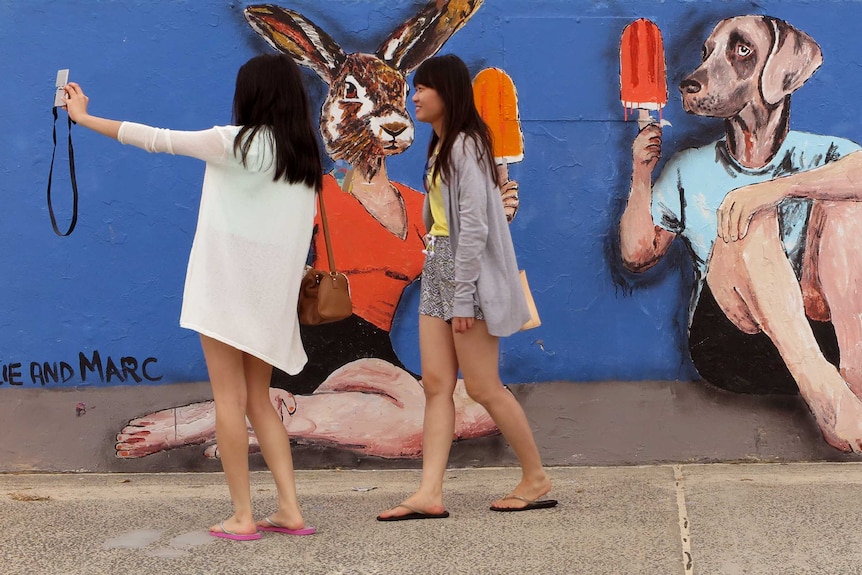 Three young people in shorts take selfies in front of a street painting of a body with a rabbit head and one with a dog head.