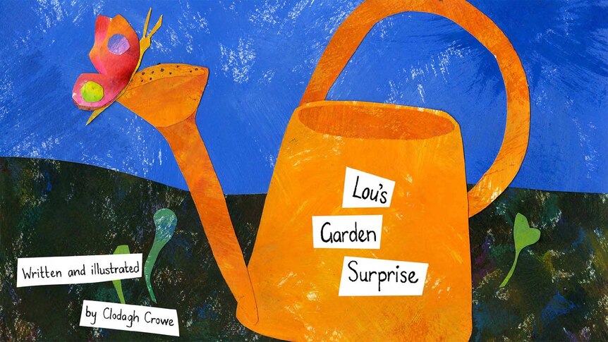 Animated image of a watering can with a butterfly on it, with the text "Lou's Garden Surprise"