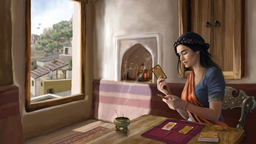 Cover of Gathering the Strands by Carey Lenehan. A woman reads tarot cards at a table by a window.