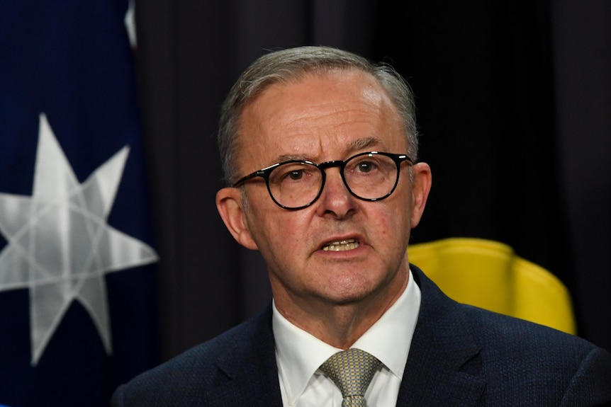 Anthony Albanese speaking in front of the Australian and Aboriginal flags.