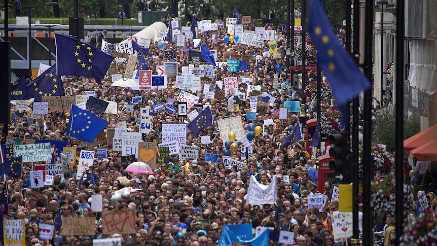 People hold up pro-Europe placards and European flags during the march.