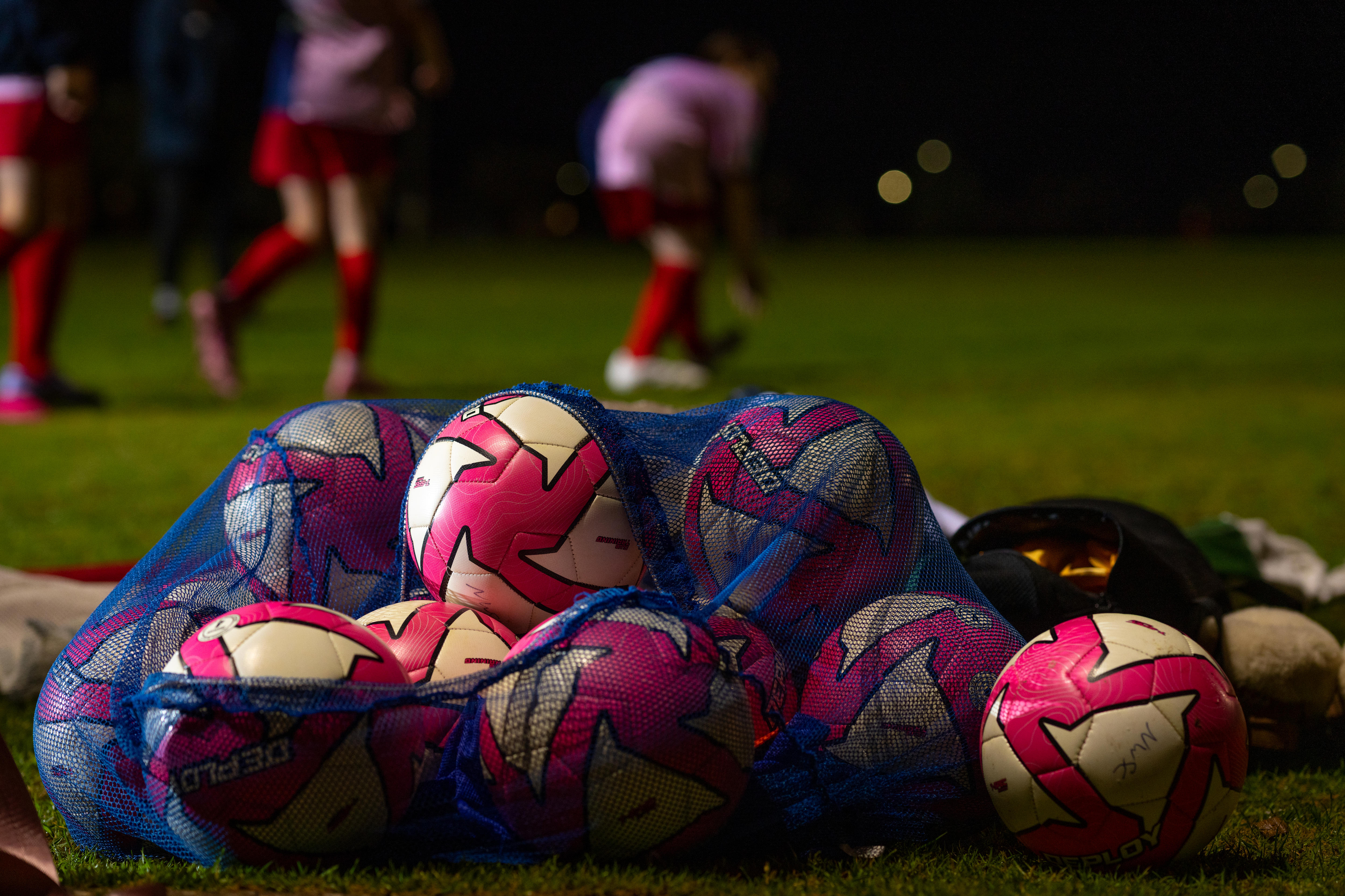 An open bag of soccer balls on a grassy area.