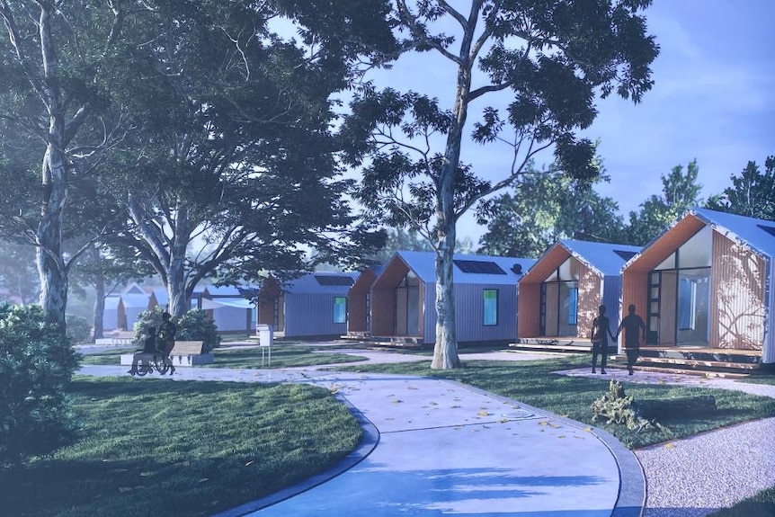 An artist's impression of small, modular homes set up along a leafy walkway.