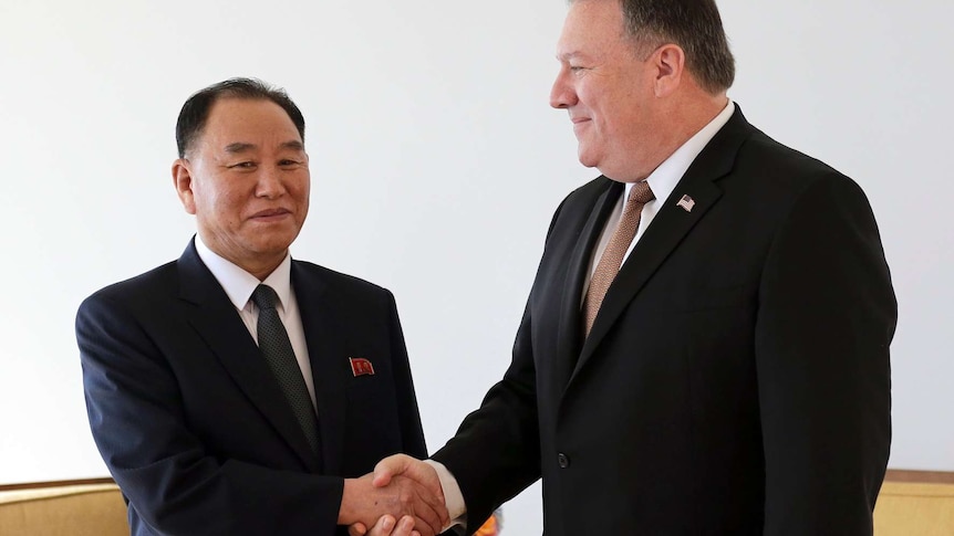 Kim Yong-chol, seen here with Mike Pompeo, is a former North Korean military intelligence chief.