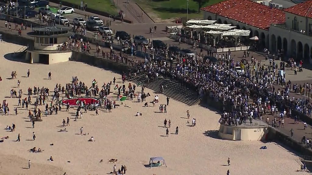 Pro-Palestine and pro-Israel protesters clash at Bondi Beach in Sydney
