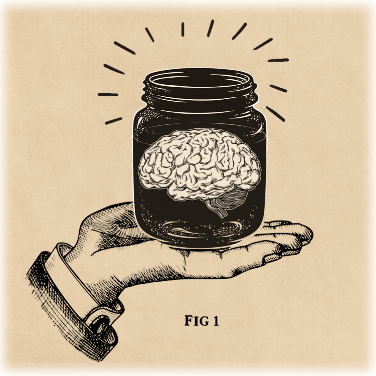 An illustration showing a magician's hand holding a jar which appears to contain a human brain.