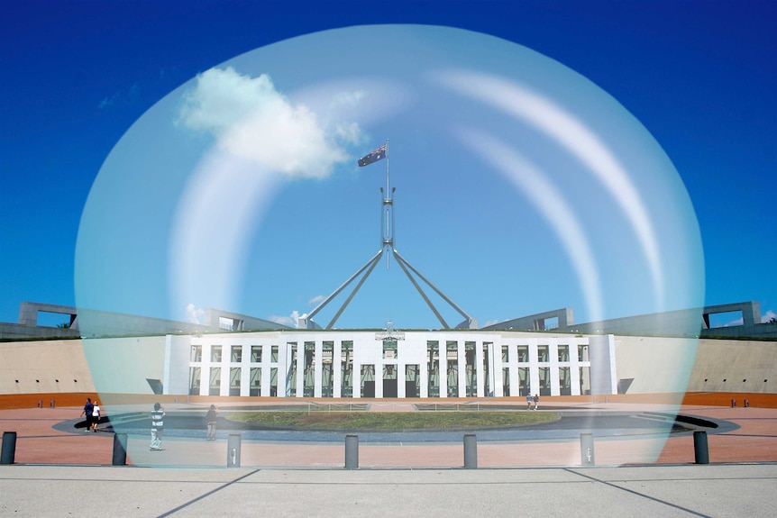 Parliament House with a big bubble around it.