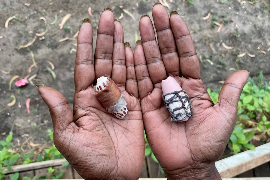 A woman's hands holding two shells, seen from above