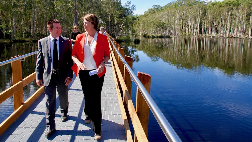 NSW Forestry Minister Paul Toole and Member for Oxley Melinda Pavey on the Urunga Wetlands Boardwalk.