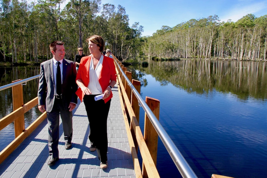 NSW Forestry Minister Paul Toole and Member for Oxley Melinda Pavey on the Urunga Wetlands Boardwalk.