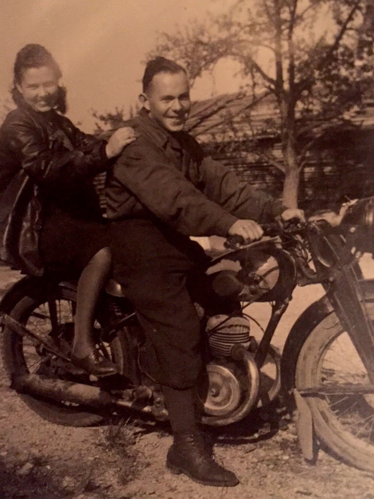 Phillip and Bella on a motorcycle in the 1940s.