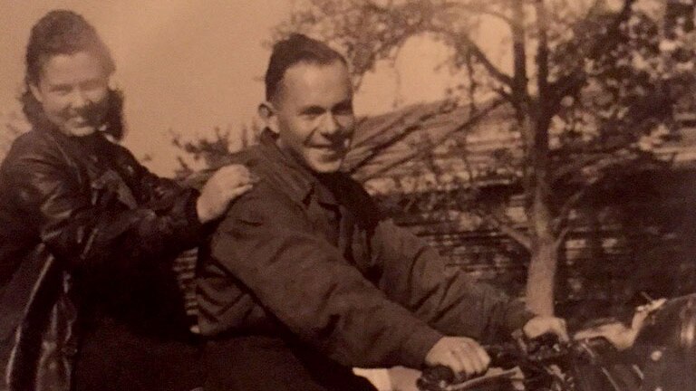 Phillip and Bella on a motorcycle in the 1940s.