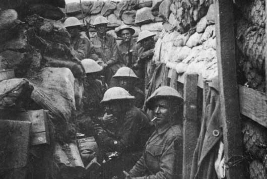 Men of the 53rd Battalion waiting to don their equipment for the attack on Fromelles.