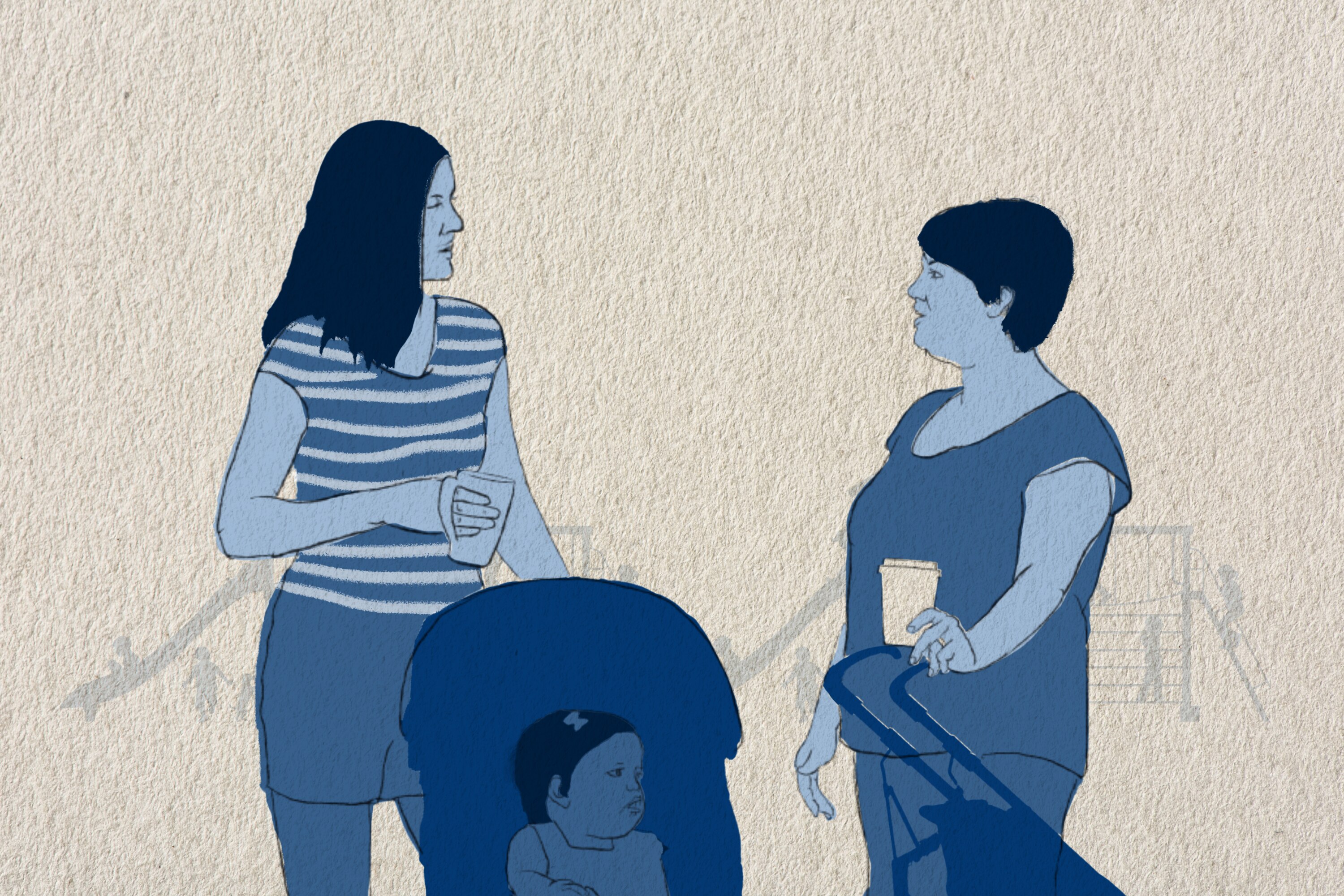 Una ilustración de dos madres hablando, café en mano, con un bebé en un cochecito. 