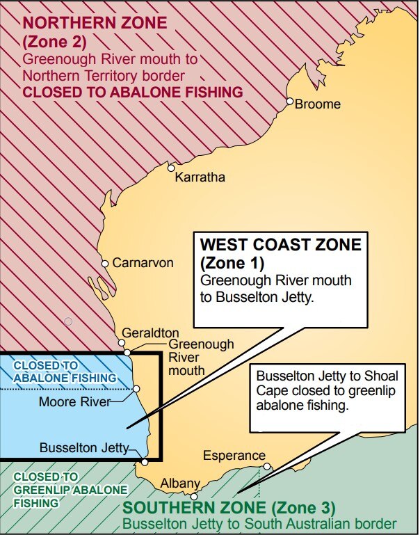 A map of western australia showing designated abalone fishing zones