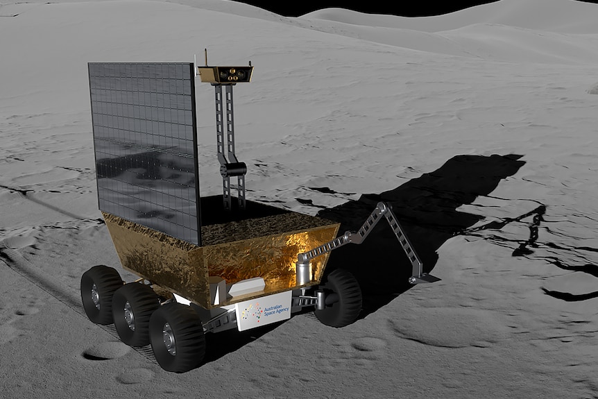 Artist's impression of an Australian lunar rover on the surface of the Moon, with solar panels and a long arm