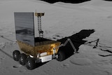 Artist's impression of an Australian lunar rover on the surface of the Moon, with solar panels and a long arm