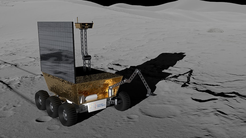 Artist's impression of an Australian lunar rover on the surface of the Moon, with solar panels and a long arm