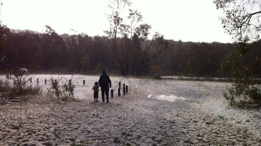 An adult and a toddler walk through hail thick on the ground