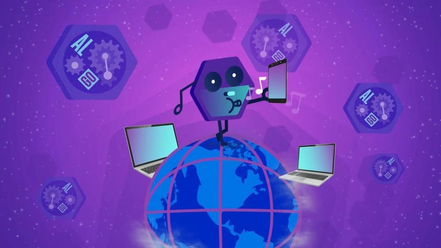 Graphic image of cartoon figure holding a tablet device while walking on a globe of the Earth