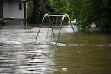 The top of a swing set that has been inundated in a flood.