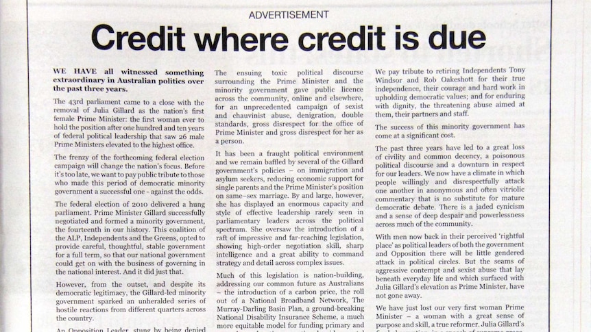 Credit Where Credit is Due advert that appeared in Australian newspapers