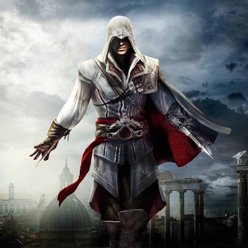Game artwork depicting a hooded assassin during the Renaissance against a backdrop of clouds and Italian cities.