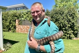 A man with a python wrapped around his neck.