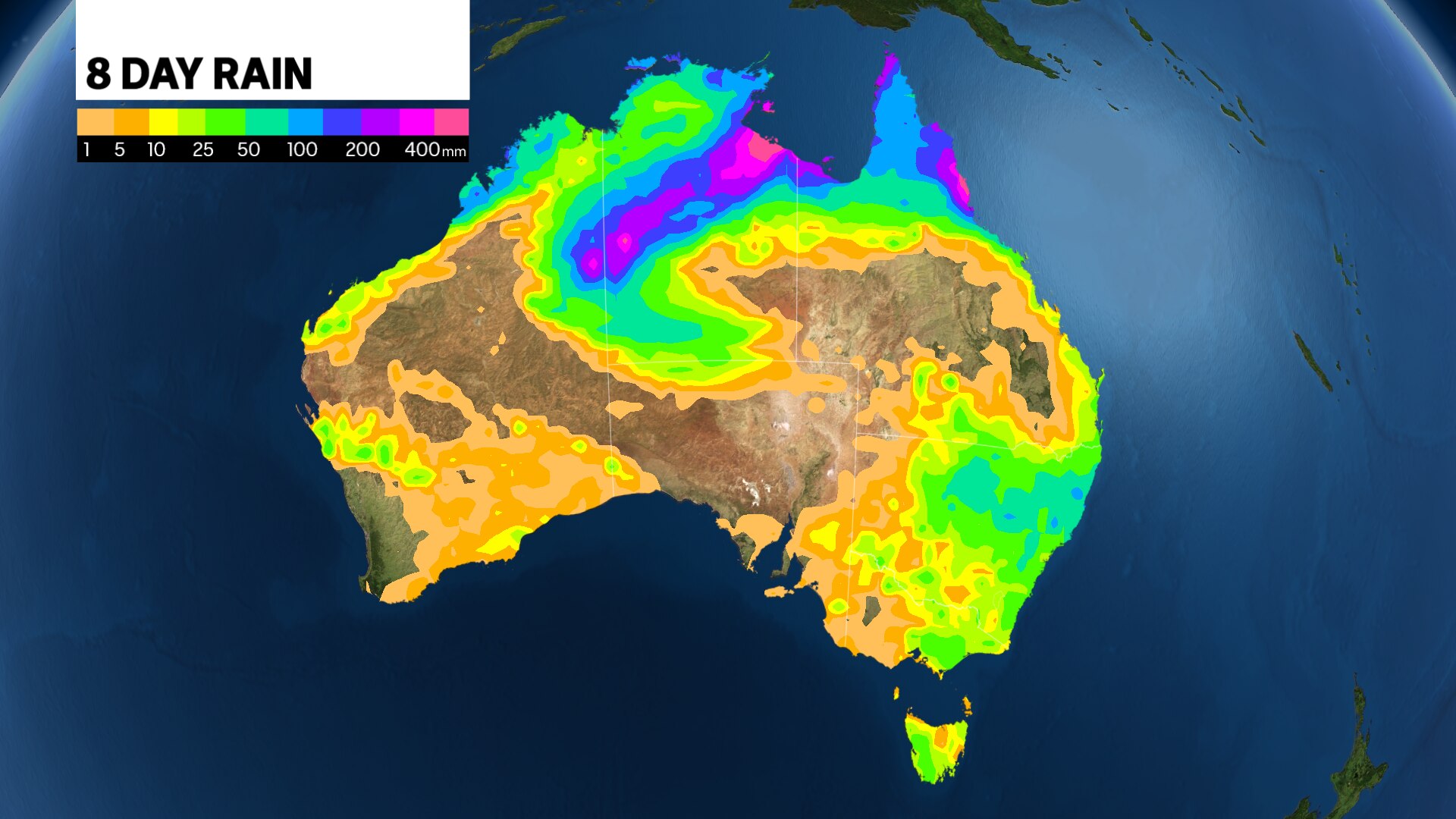 Map of Australia showing rain forecast over eight days