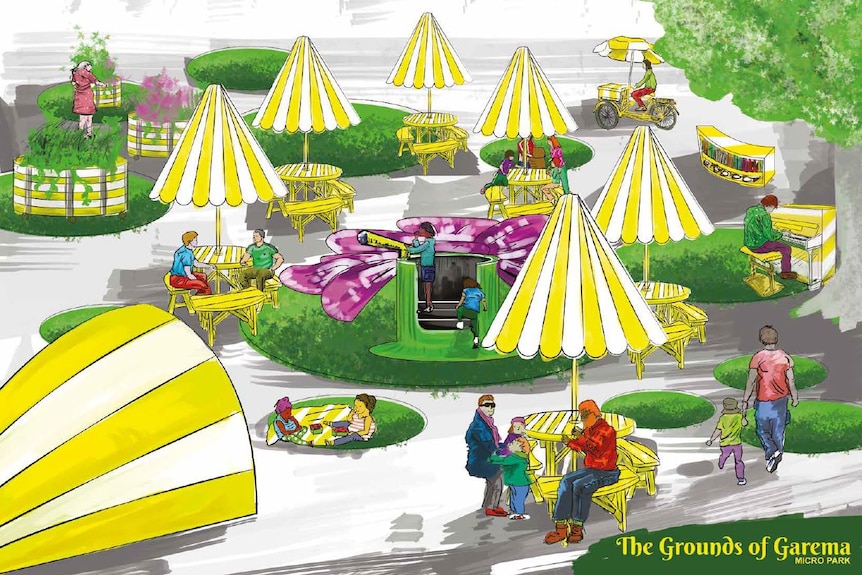 A design for a small park featuring colourful chairs, a community piano and a small amphitheatre.