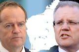 Headshots of Bill Shorten and Scott Morrison either side of a white map of WA.