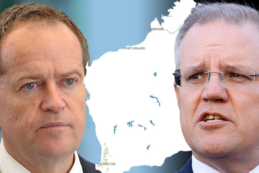 Headshots of Bill Shorten and Scott Morrison either side of a white map of WA.