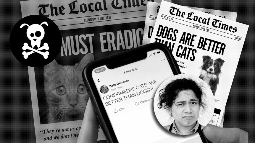 Various pro dog and pro cat fake newspaper headlines, a phone showing pro cat social media post. Nat looking investigative.