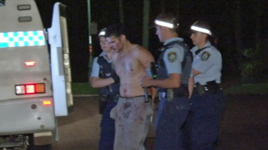 A man is led into a police van by several officers.