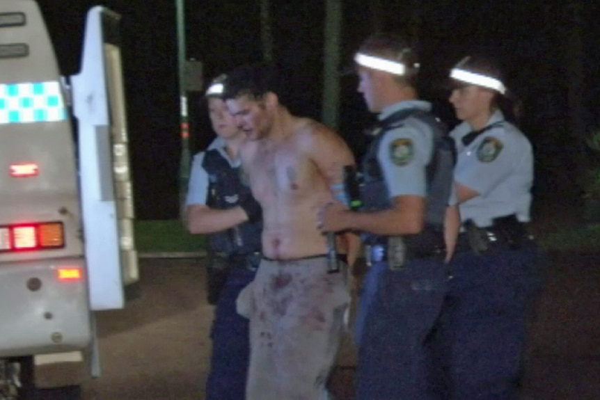 A man is led into a police van by several officers.