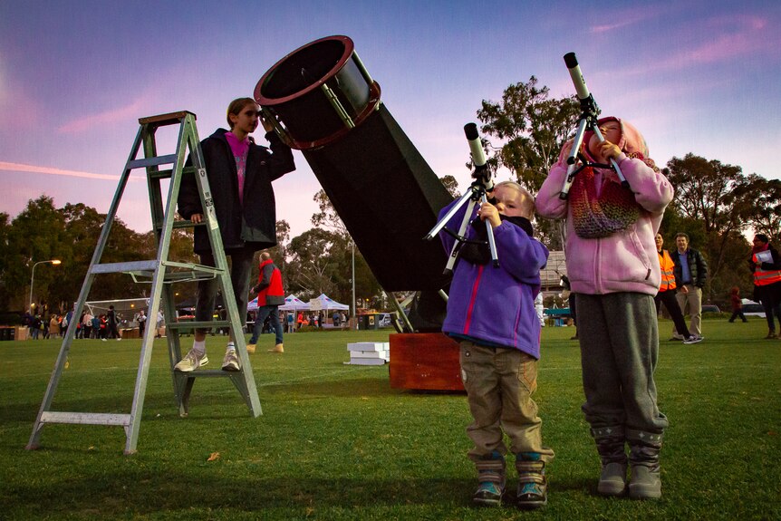 A girl stands on a ladder looking through a large telescope, while two younger kids look through small telescopes in a field.