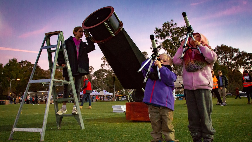 A girl stands on a ladder looking through a large telescope, while two younger kids look through small telescopes in a field.