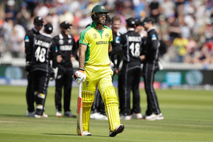 A batsman trudges off after losing his wicket — the opposing team gathers in the background