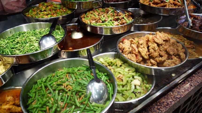 A selection of Asian food on a buffet