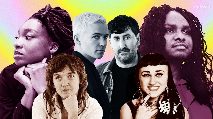 Photo montage of musicians Little Simz, Courtney Barnett, The Avalances, Nai Palm and Baker Boy