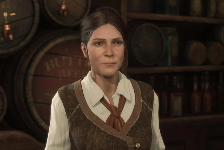 A witch character from the video game Hogwarts Legacy