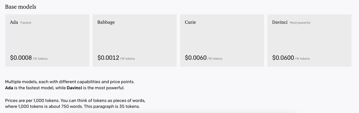 A screenshot of OpenAI's list of prices for using GPT-3