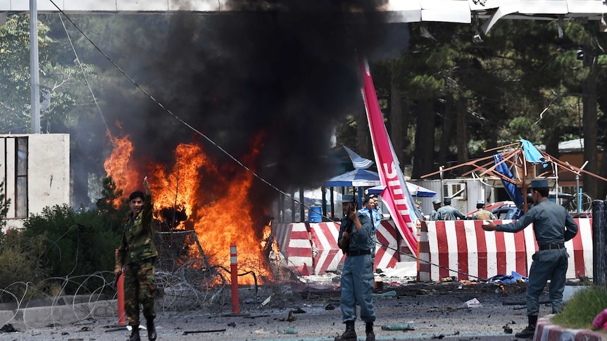 Afghan security forces near the entrance of Kabul airport