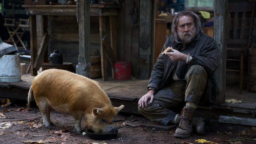 A dishevelled Nicolas Cage with long greying hair sits outside a ramshackle house, with a brown, hairy pig