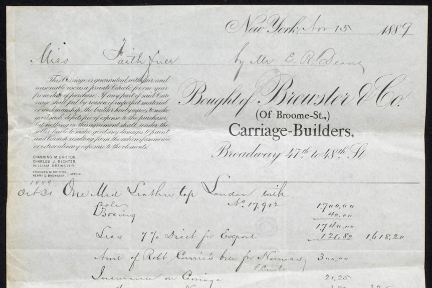 The 1889 receipt for Miss Faithfull's Landau.