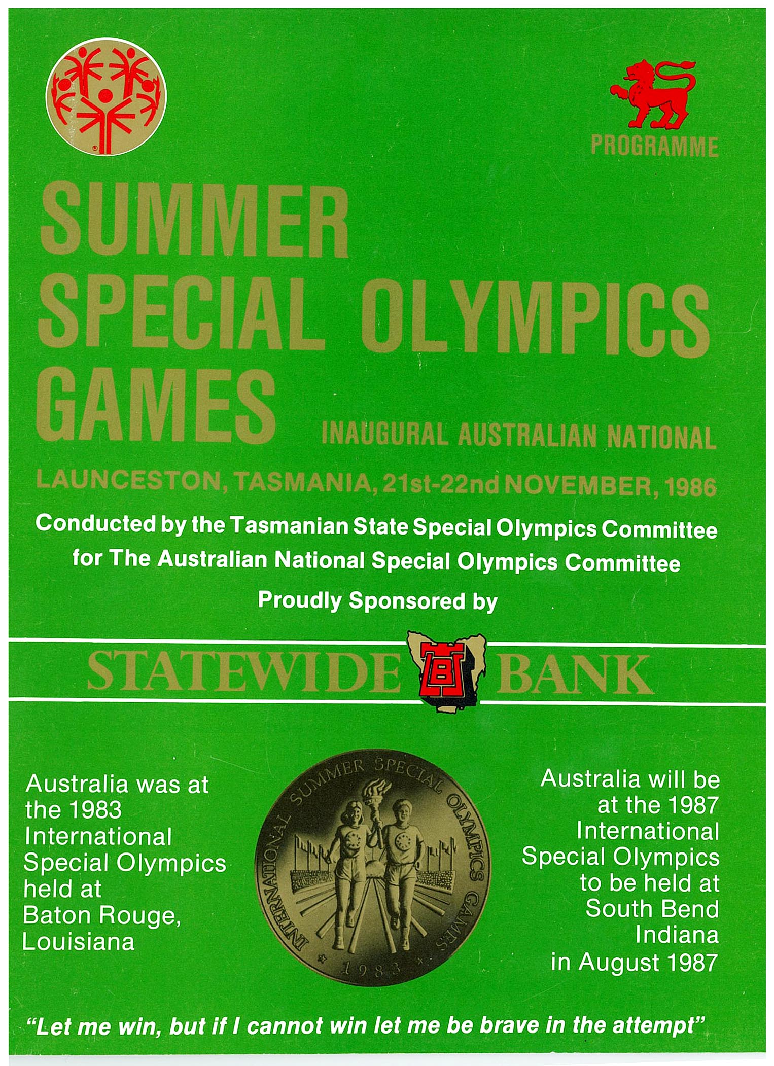 Front cover of Special Olympics program that was held in Launceston in 1986. 
