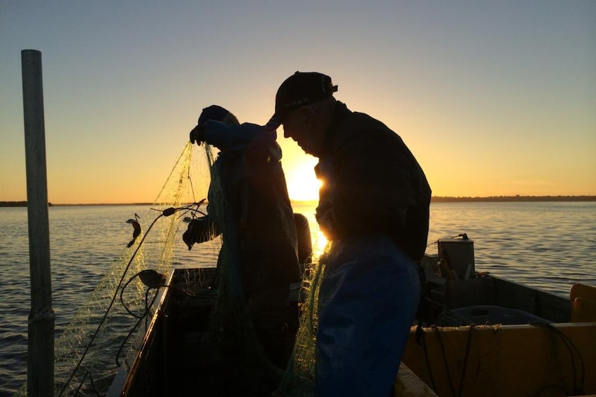 Allan Reed and his son empty a fish net